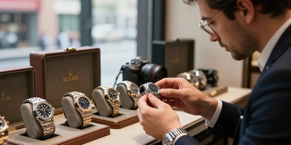 Collector admiring luxury clone watches in boutique setting, showcasing elegance and quality.