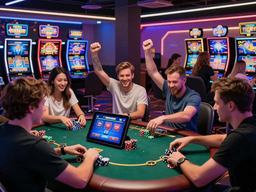 Sun win gaming excitement with diverse players in a vibrant digital casino environment.