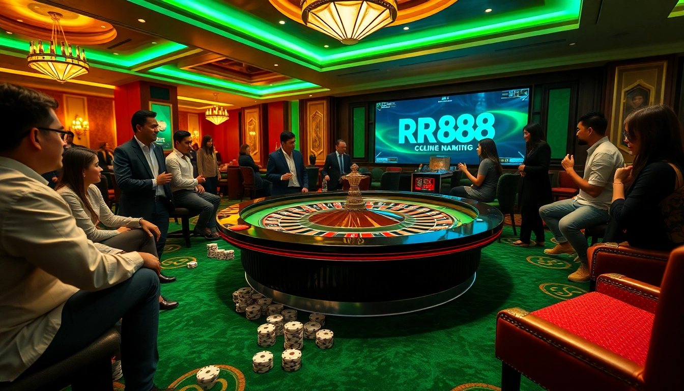 Gamblers engaged at a luxury casino table featuring RR888 logo highlights excitement and gameplay.