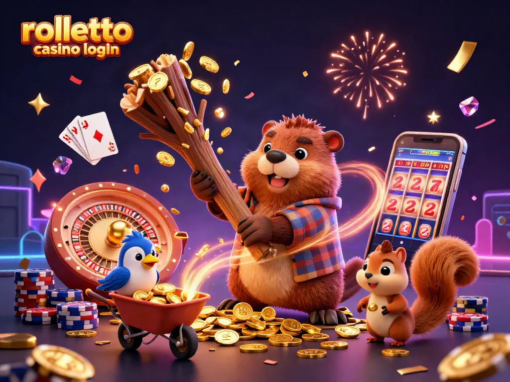 Join the excitement with rolletto casino login as a beaver collects golden coins in a festive casino scene.