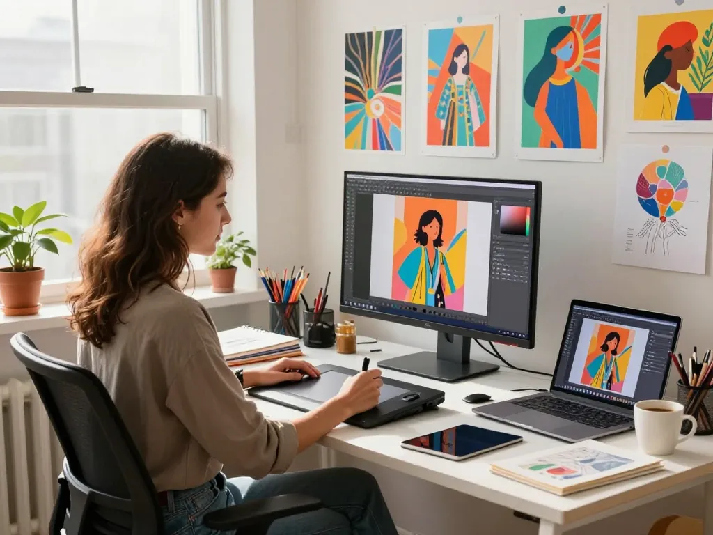Artist generating prompts from image to prompt tool in a vibrant digital studio.