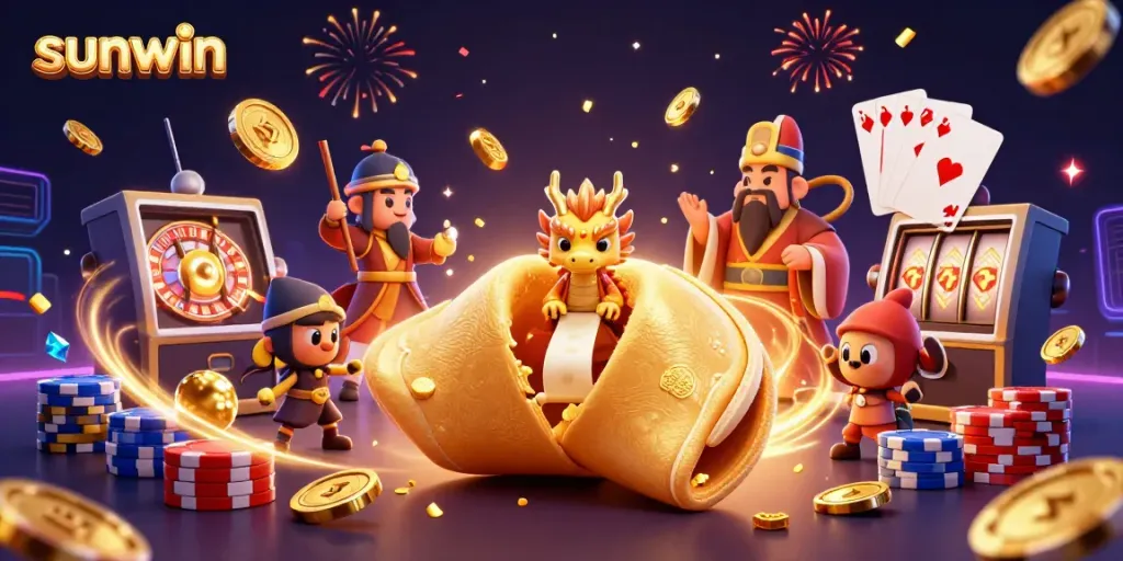 Experience thrilling gameplay with sunwin illustrated through a dynamic 3D casino scene featuring a magical fortune cookie and treasure elements.