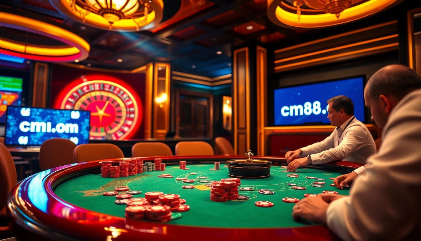 Players engaging in an exciting poker game at cm88.com in a luxurious casino setting.