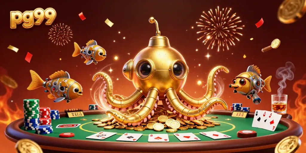 Engage with pg99 at a vibrant casino scene featuring a kraken submarine amidst golden coins.