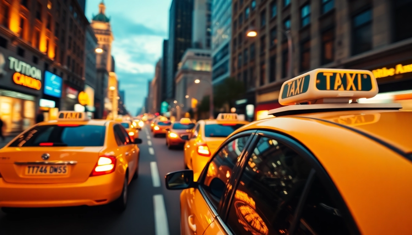 Taxis navigating through a vibrant cityscape at dusk, showcasing urban energy and movement.