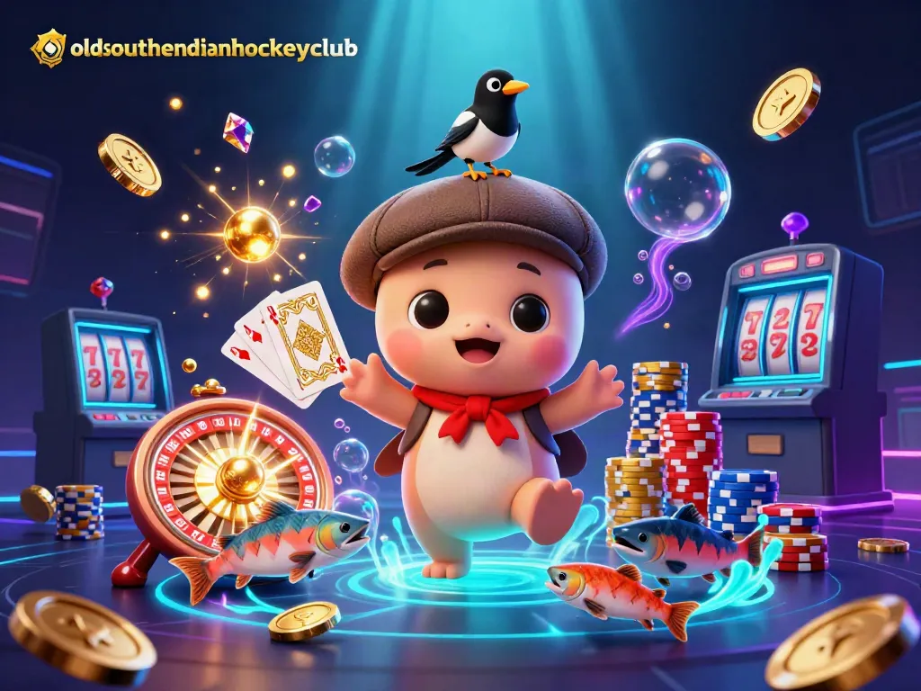 Engage with the thrilling scene featuring oldsouthendianhockeyclub characters amidst cascading coins and a spinning roulette wheel.
