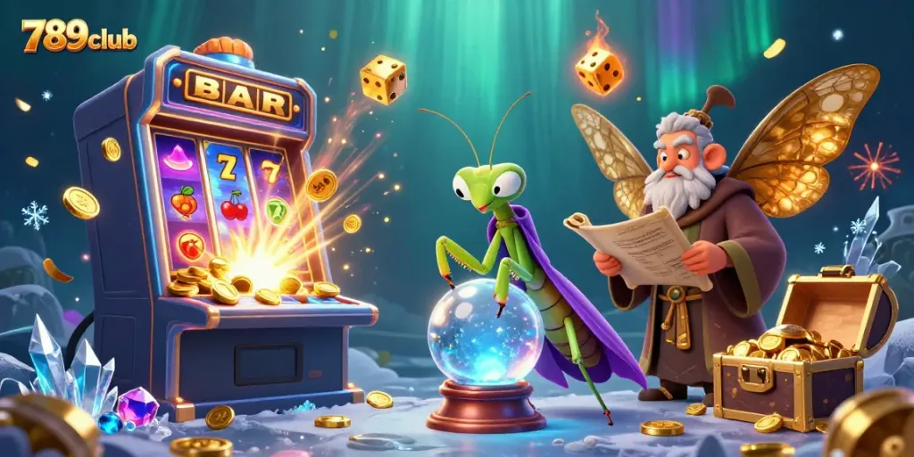 Experience the thrill of 789club with vibrant scenes of fortune tellers and jackpot machines.