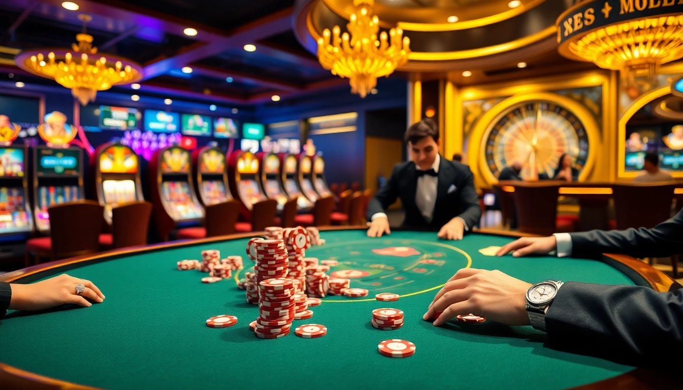 Action-packed scene of a poker game showcasing 78win01 casino excitement with stylish players and vibrant chips.