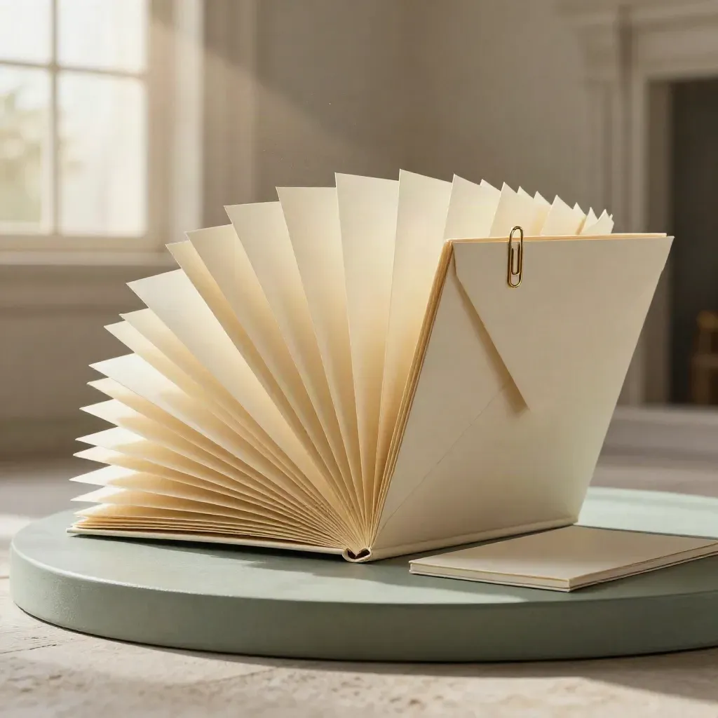 Cream startup support folio with inserts, envelope, paper clip and notepad on a sage stone plinth.
