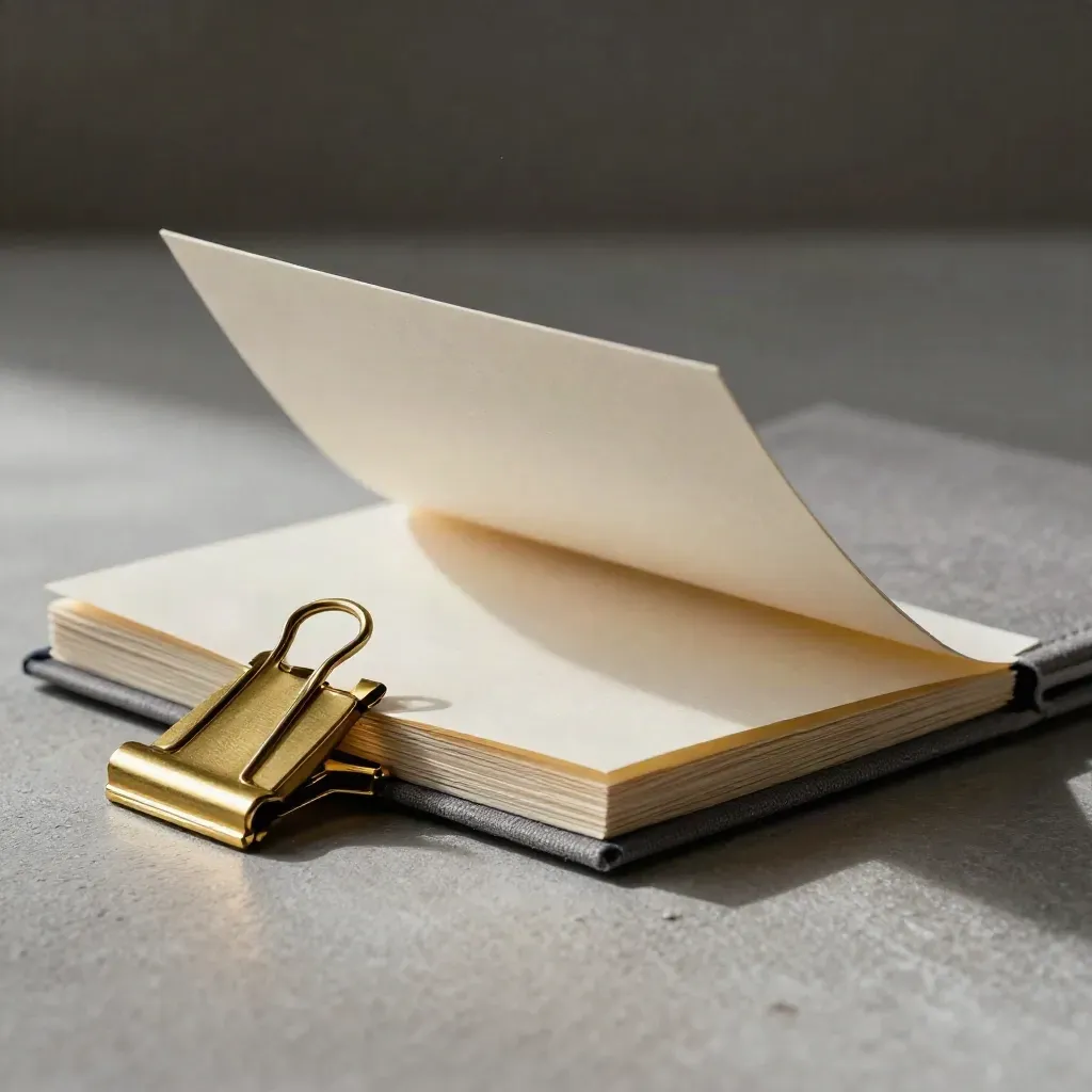 Extreme macro of a linen setup folio with brass clip, lifting blank card, and pale booklet on plaster.