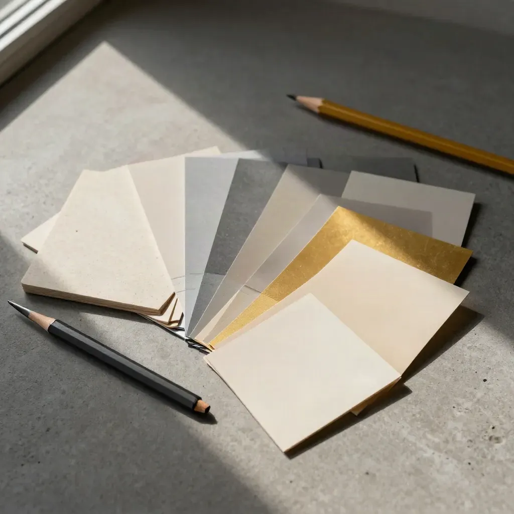 Overhead flatlay of a marketing review kit with swatches, paper bands, and a pencil stub.