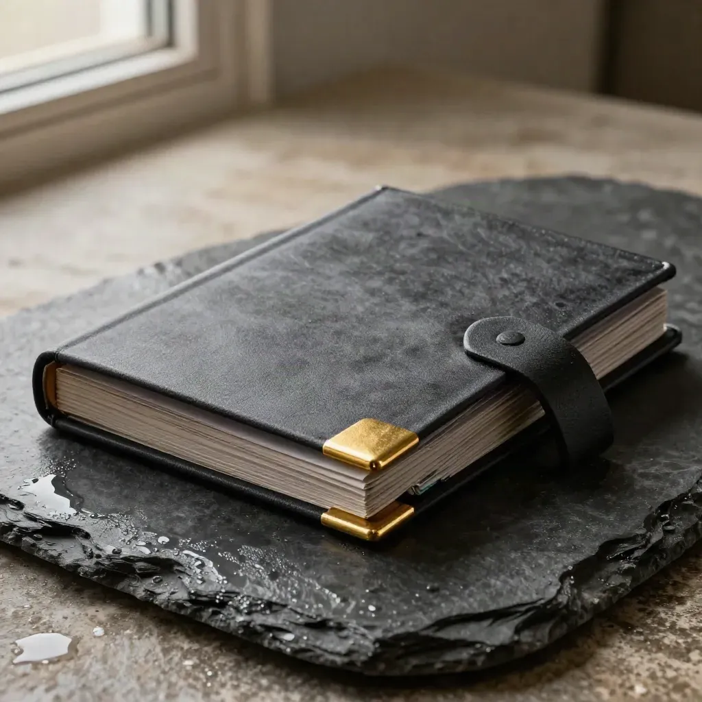 Overhead wet-slate bookkeeping bundle with receipt sleeves, tabs and a calculator.