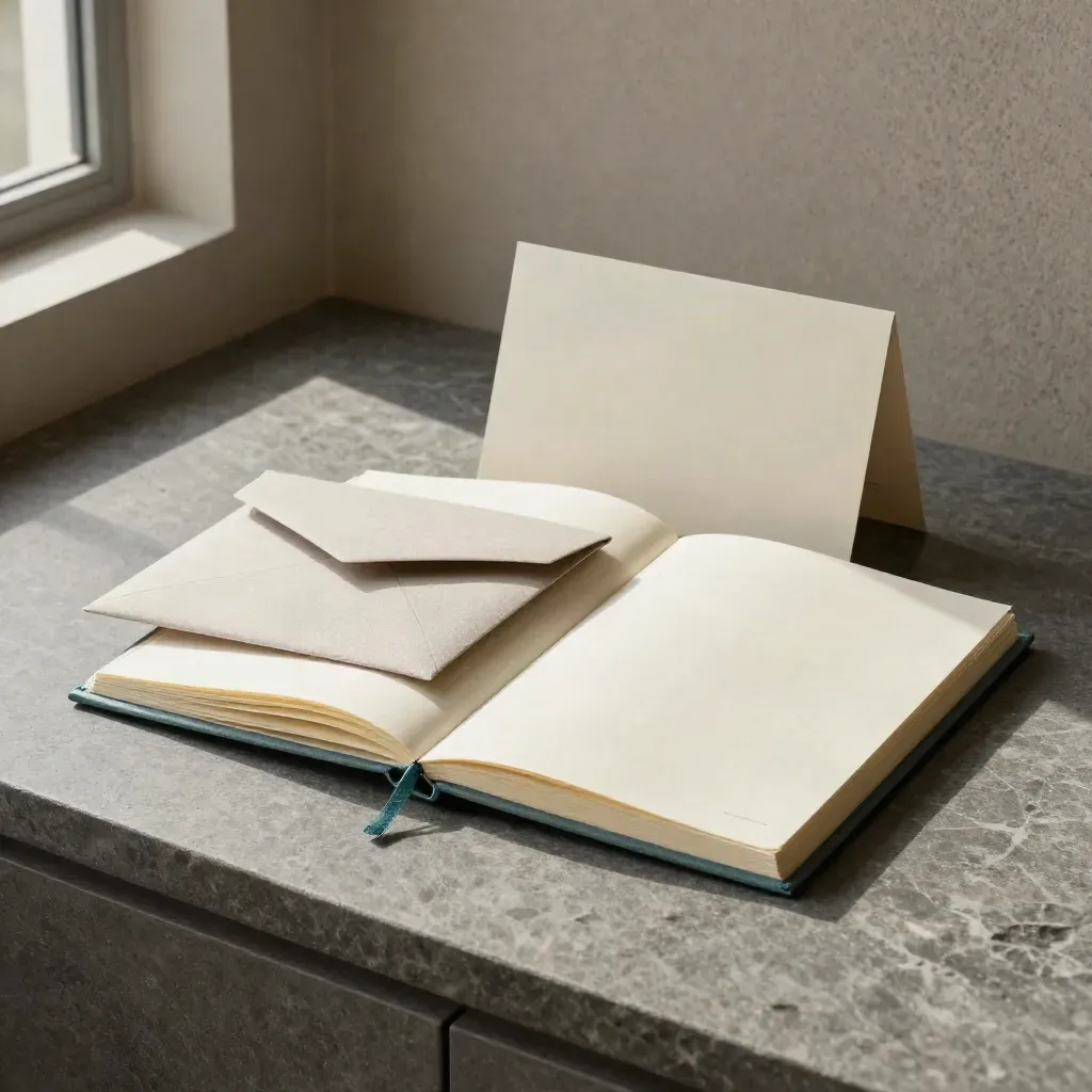 Onboarding pack, notebook, envelope and pouch on a slate counter with soft light.