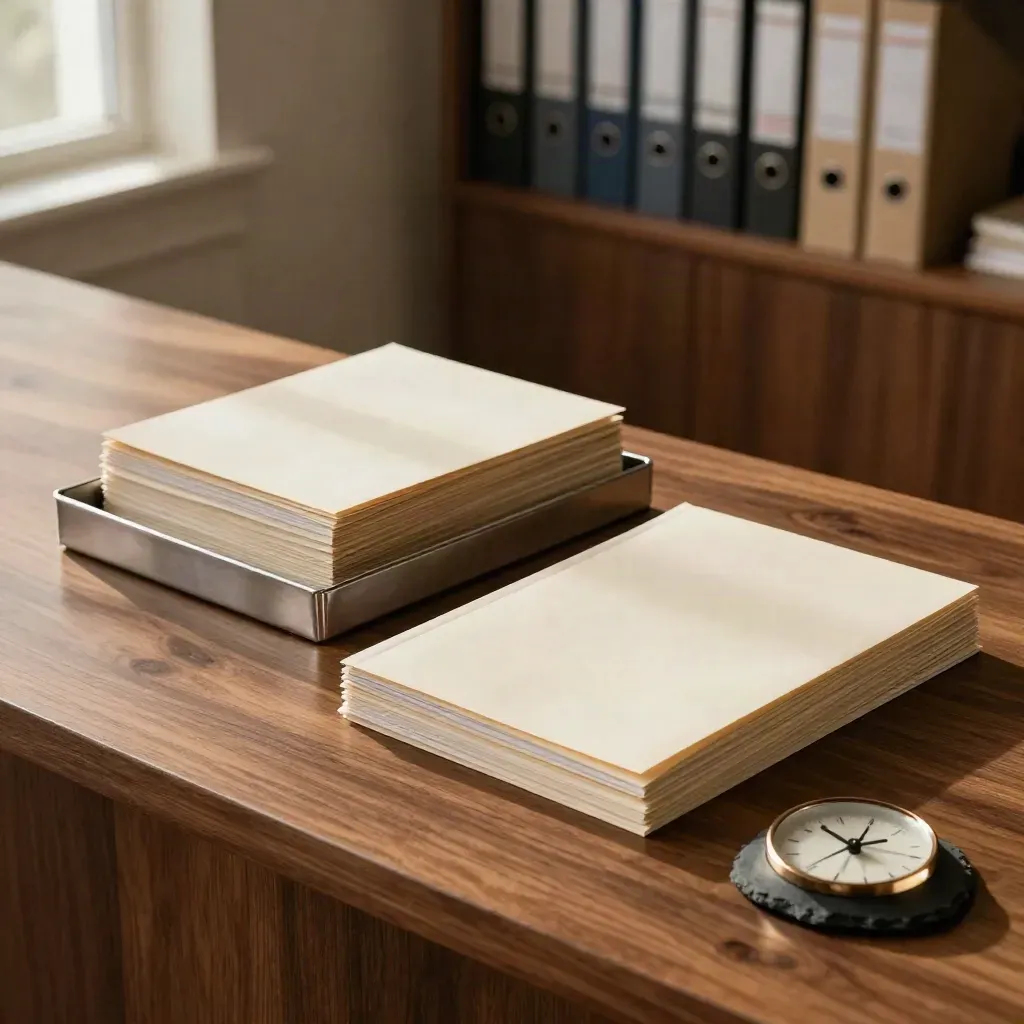Administration bundle beside an inbox tray, file sleeves and clock paperweight on a walnut counter.