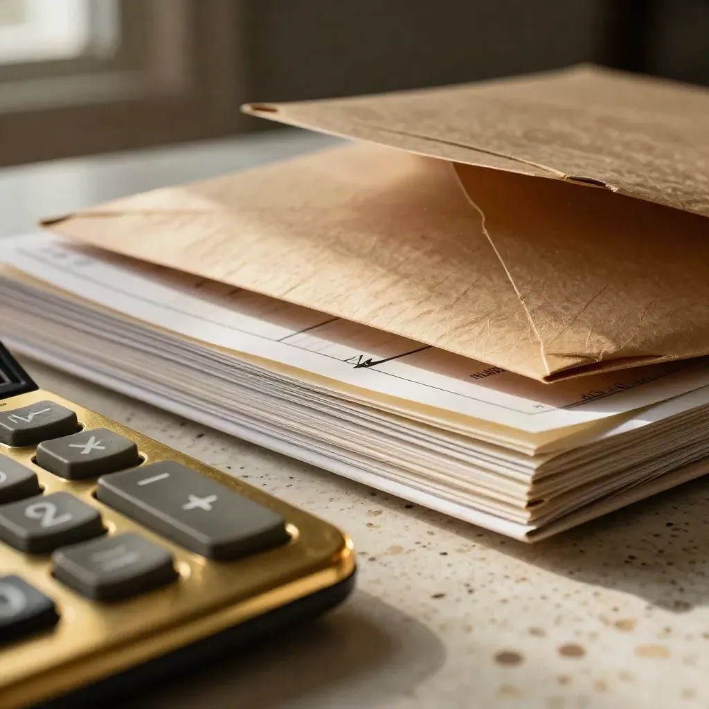 Brass calculator, opening envelope and ledger paper in dramatic macro light.