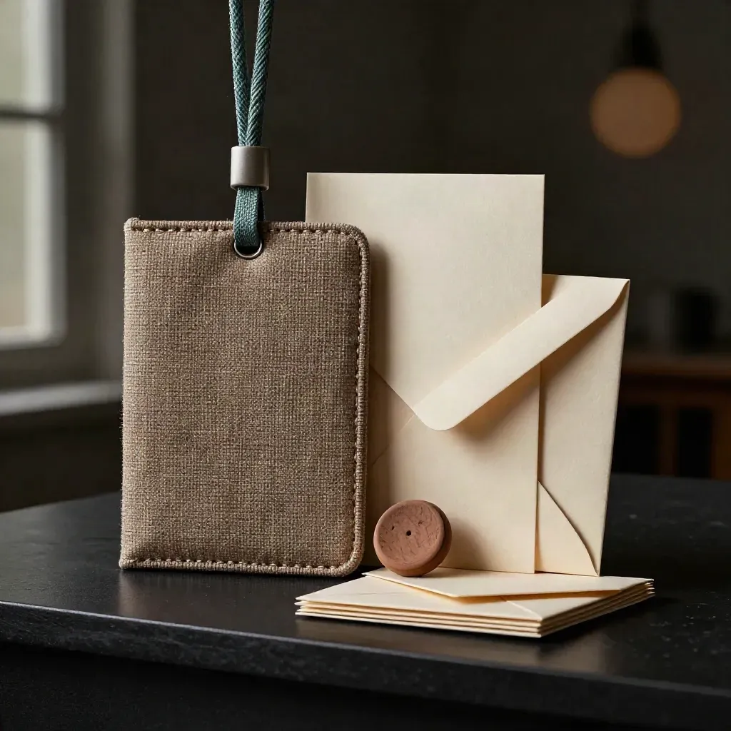 Blank pass sleeve, linen lanyard, envelope stack and clay token in a dark studio setup.