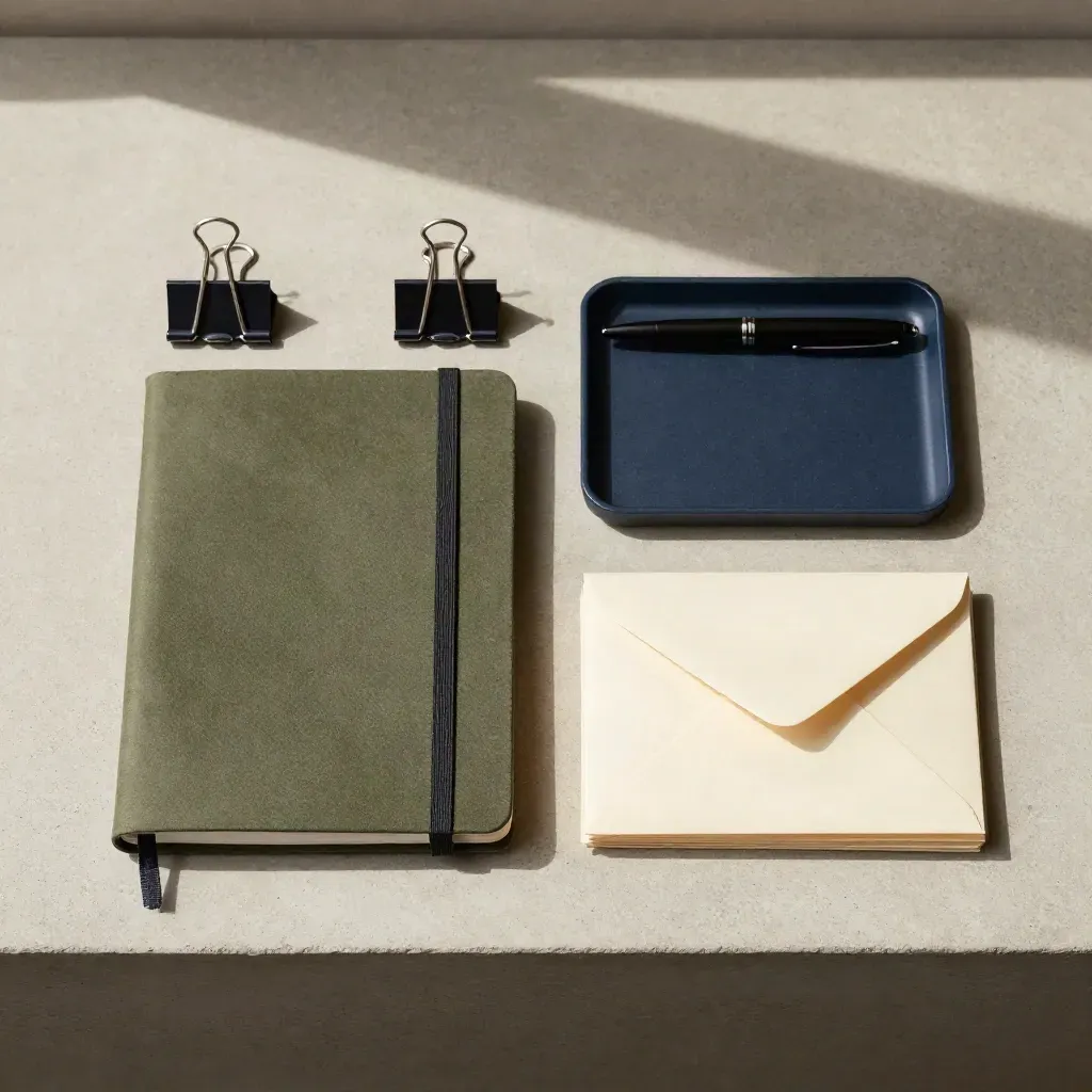 Overhead toolkit flatlay with notebook, pen, binder clips, envelopes and tray on pale concrete.