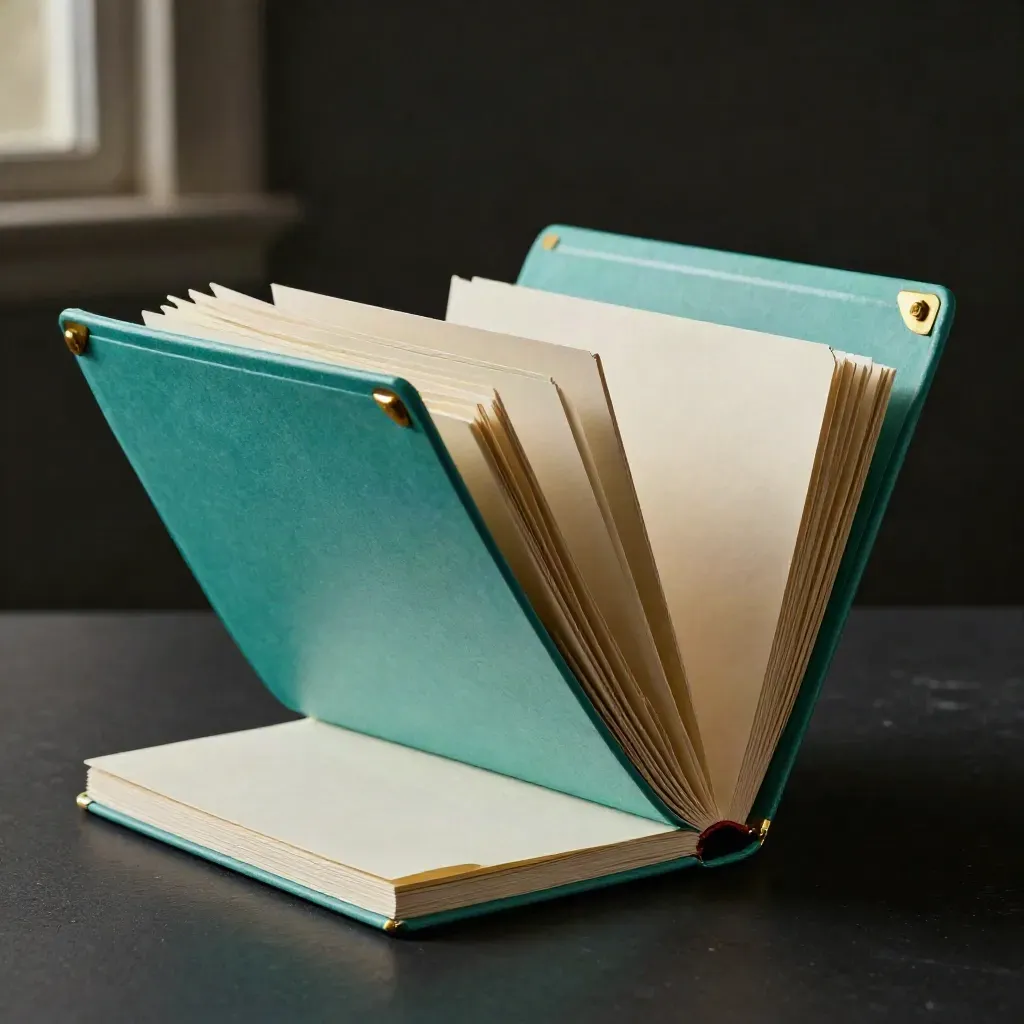Teal startup help folder, cream notebook, brass hardware and blank cards on black.