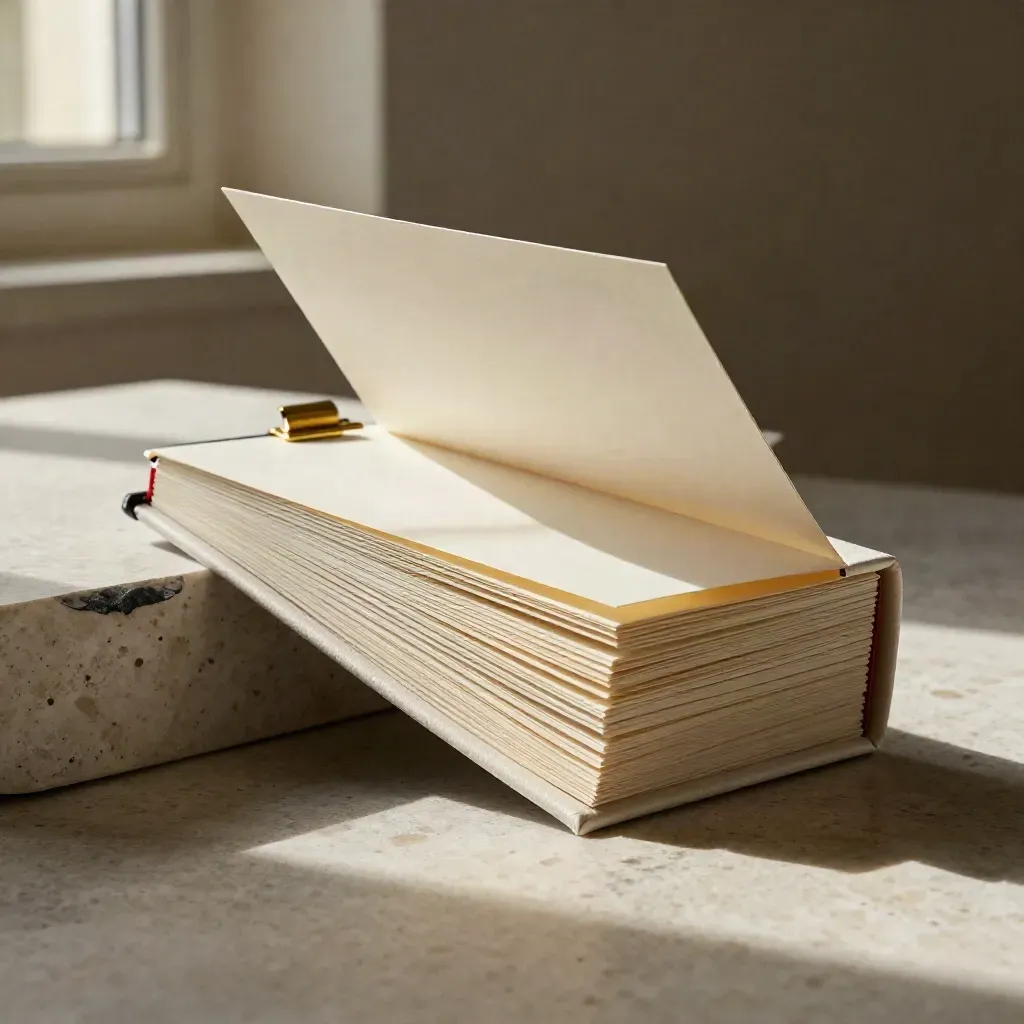 Cream review folio with brass clip and folded note card leaning on travertine, lit in low raking light