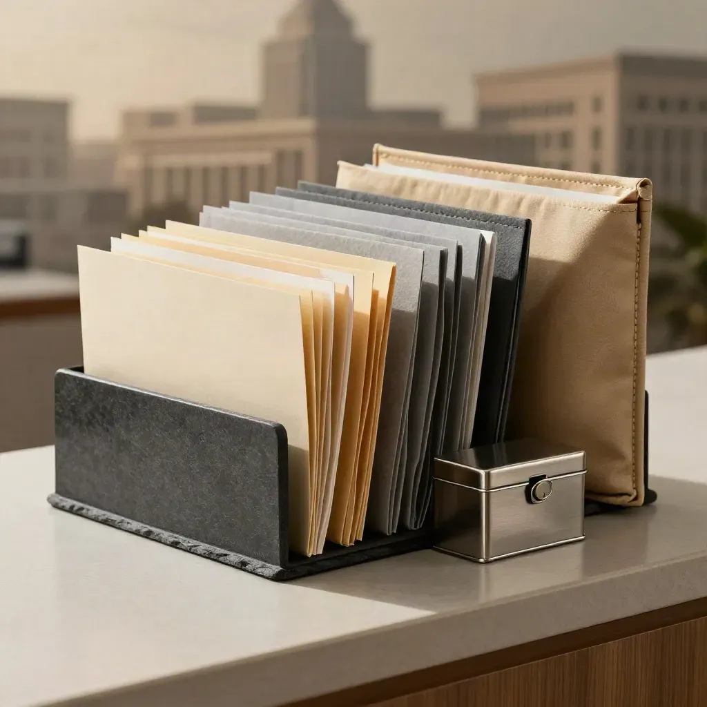 Office support bundle on a pale wood counter with mail tray, folders, clip box and fabric pouch.