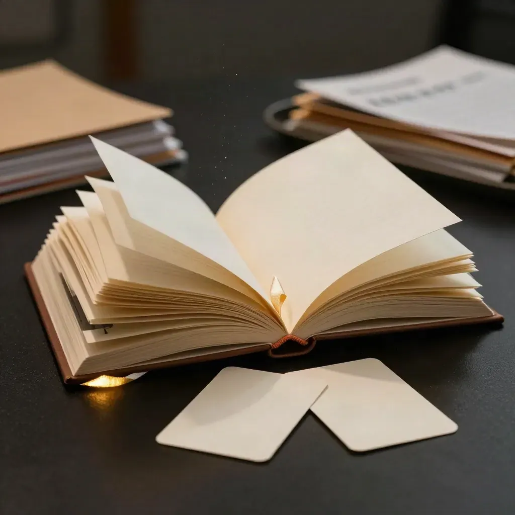Pale guide book mid-open with blank cards, ribbon marker and warm gold edge light.