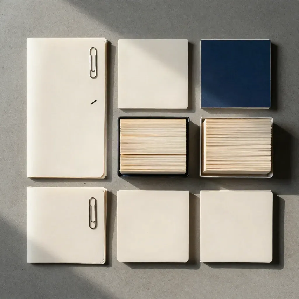 Overhead admin task flatlay with file sleeves, paper clips, and cream cards on concrete.