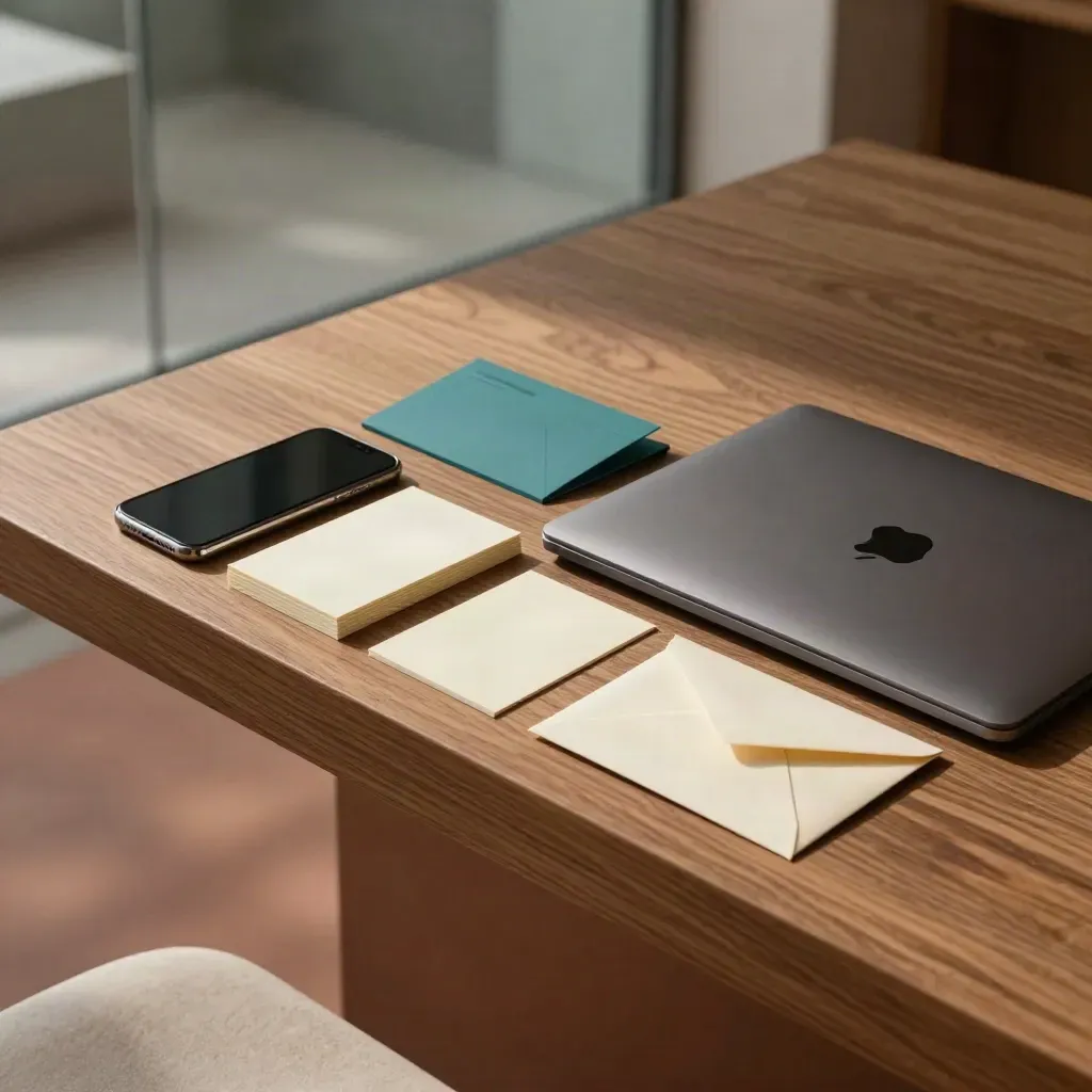 Correspondence kit with phone, laptop, note cards and envelopes in soft daylight