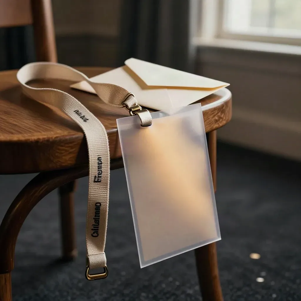Linen lanyard, pass sleeve and folded invitation envelope hanging from a bentwood chair in dim event haze.