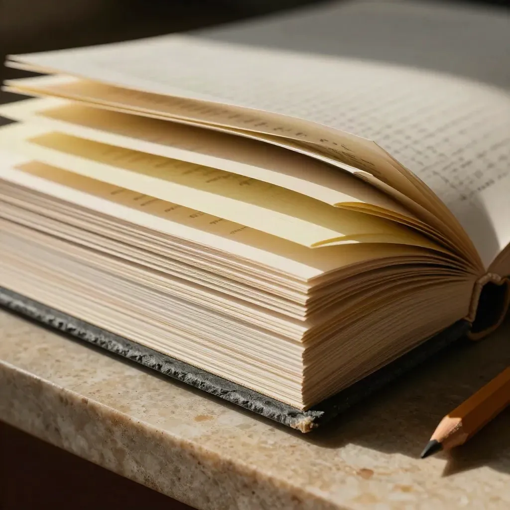 Open planning folio with stepped dividers, note cards and pencil stub in dramatic close-up.