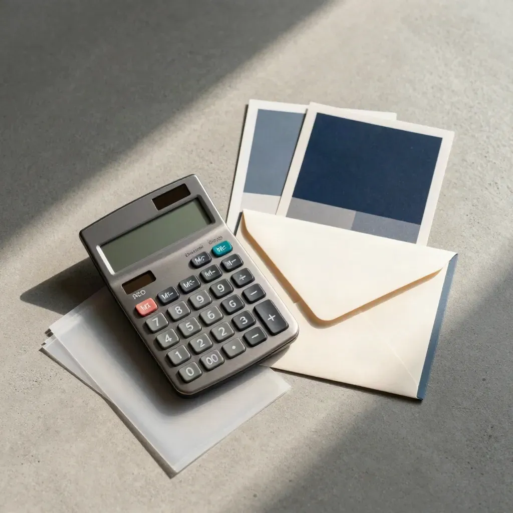 Overhead bookkeeping pack with calculator, receipt sleeves and referral envelope on cool concrete.
