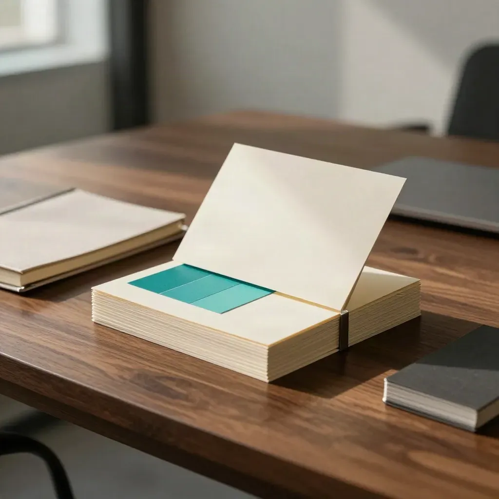 Premium review kit fanned on a walnut table with swatches and a folded notebook.