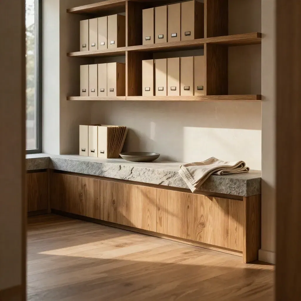 Sunlit civic interior with oak shelves, folders, stone ledge and calm empty floor space