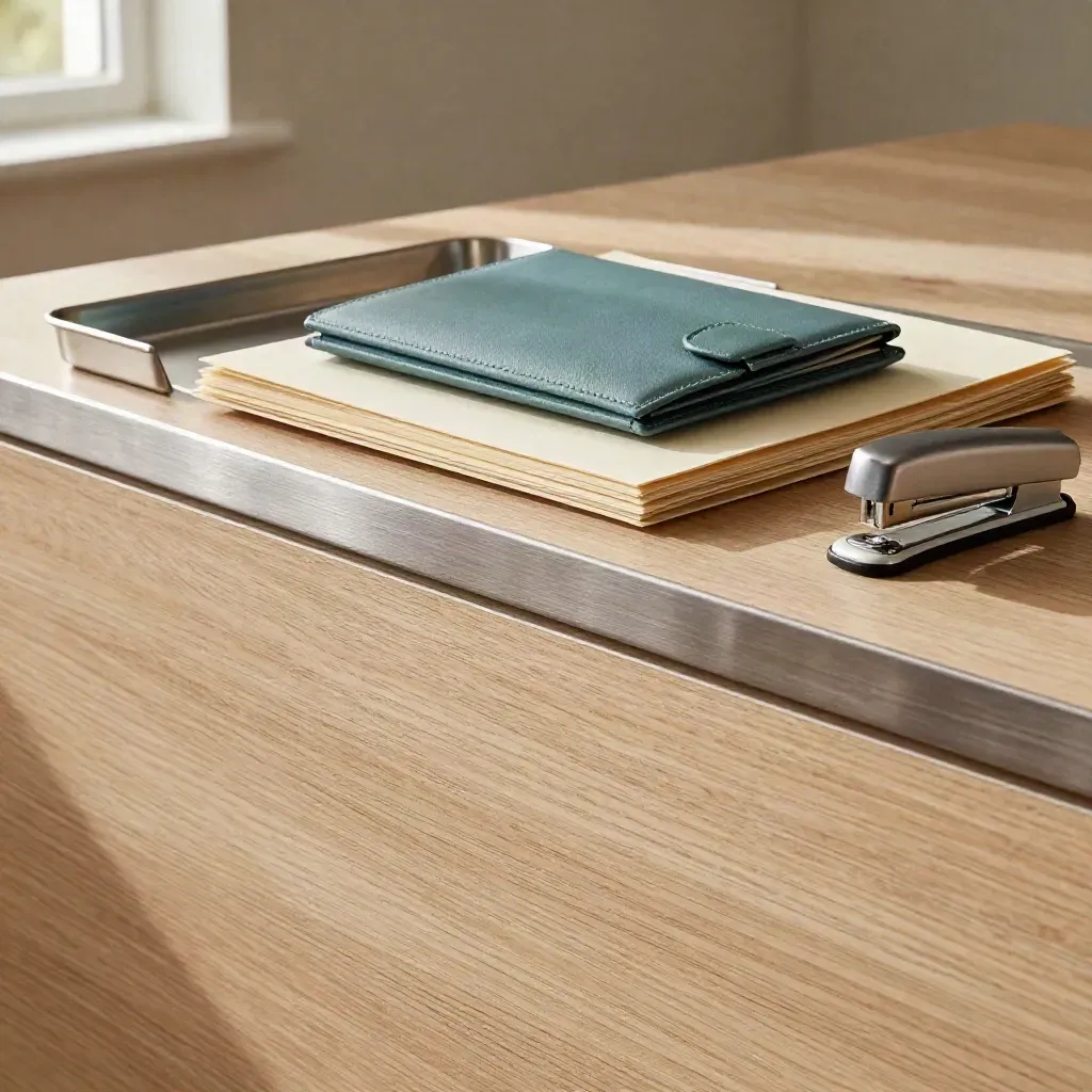 Pale oak admin workspace with metal tray, teal folder and linen fold in soft daylight.