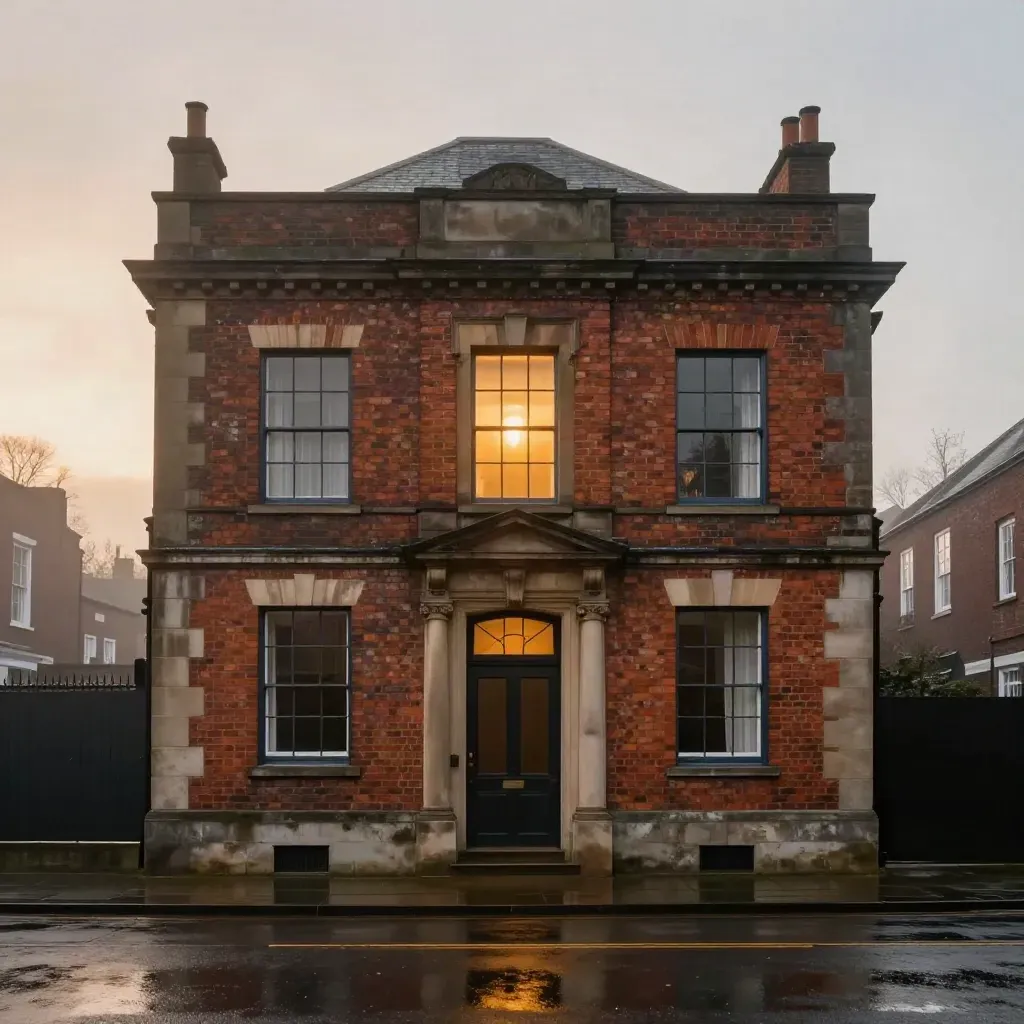 Rain-dark Kent brick facade with one lit window at dusk, mist and reflections below