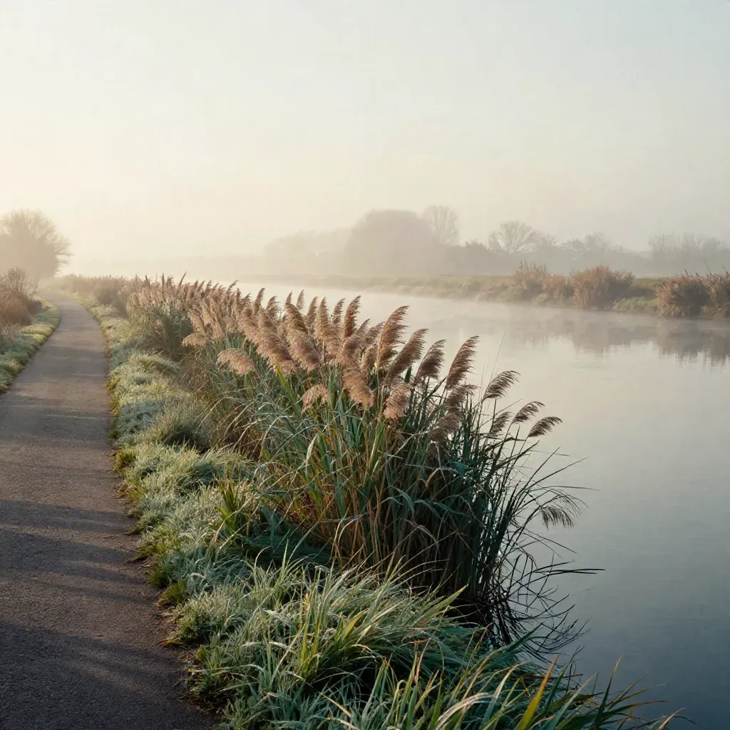 Dawn mist over canal reeds and a riverside footpath, with calm water and open space for copy.