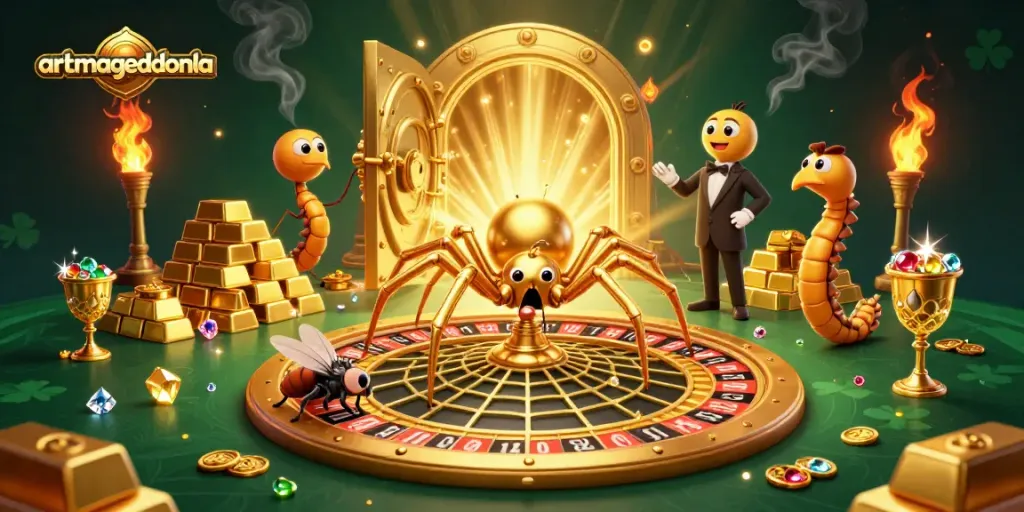 Experience thrilling bets at artmageddonla with a spinning roulette web and vibrant treasures.