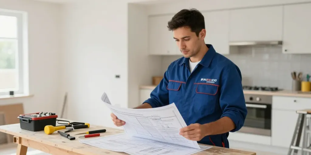 Trusted provider reviewing blueprints at local home renovation site, ensuring quality service, and focusing on customer satisfaction.