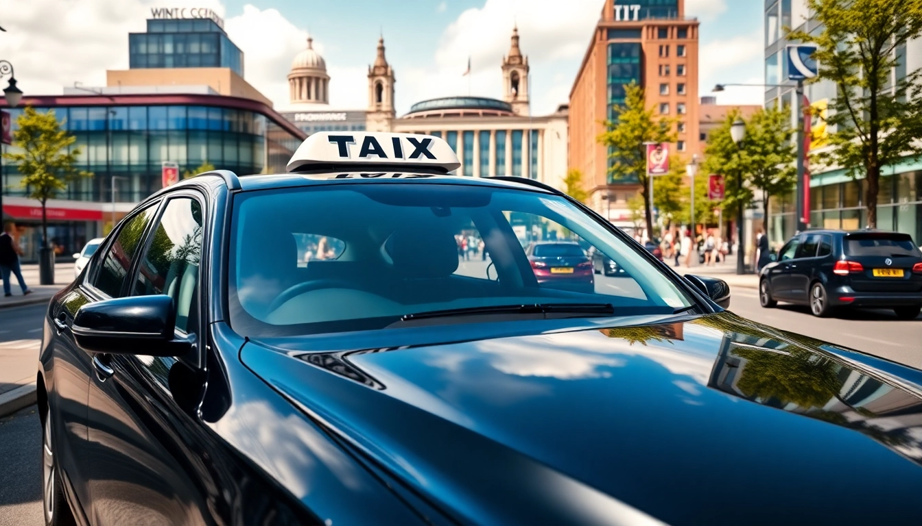 Taxi service in Woking with a black cab positioned against the vibrant cityscape.