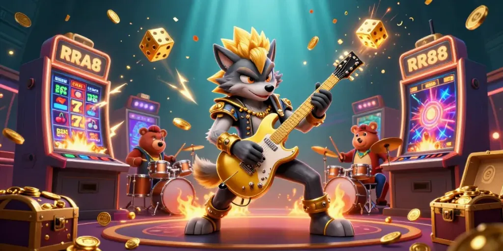 Experience excitement with rr88 as the rock star wolf performs on stage amidst dazzling casino elements.