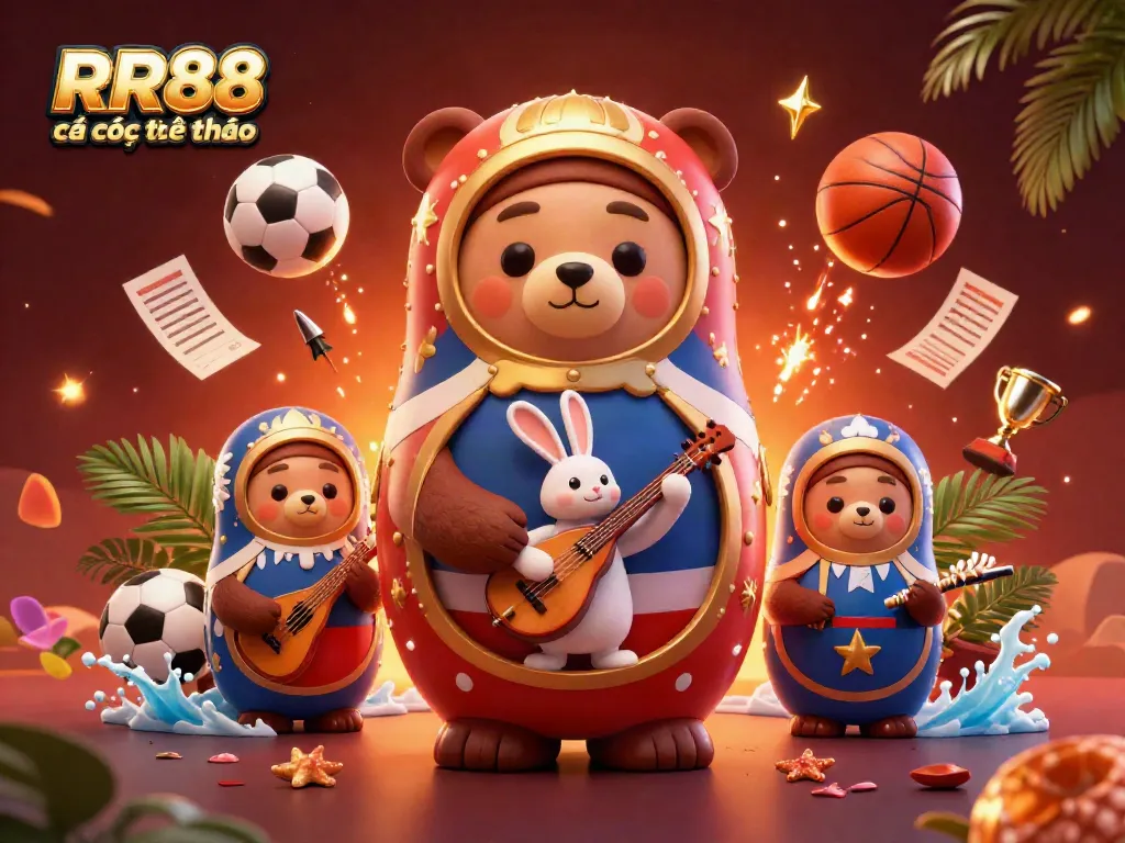 Engage in RR88 cá cược thể thao with vibrant sports symbolism and a festive atmosphere in this dynamic 3D illustration.