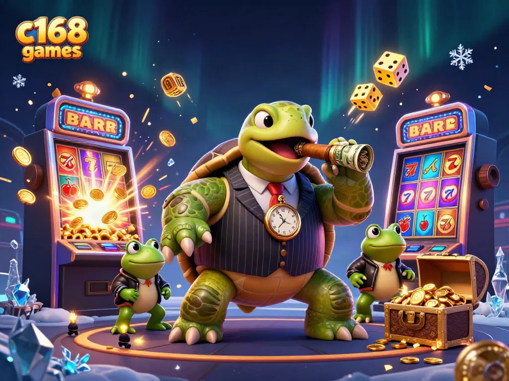 Engaging visual of c168 games featuring a cartoon turtle and bullfrogs amidst casino elements.