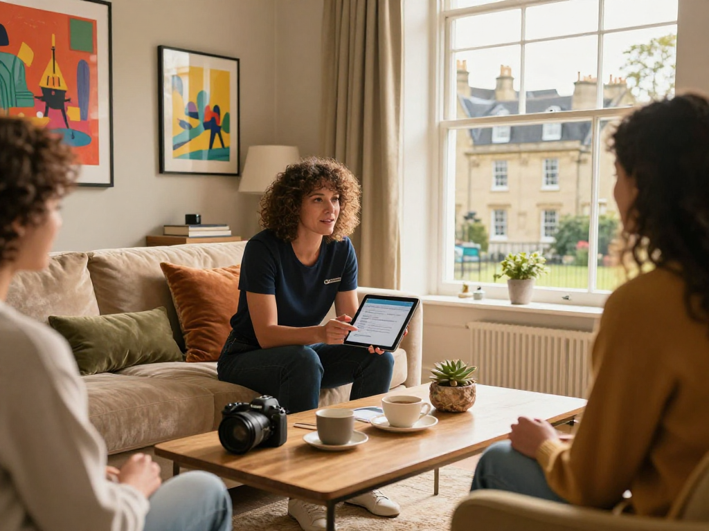 Airbnb management in Bath showcasing a stylish living room and property manager assisting a homeowner.