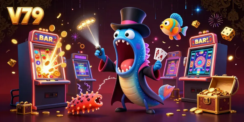 V79 inspired 3D illustration featuring a deep-sea gulper eel performing card tricks amidst dynamic casino elements.