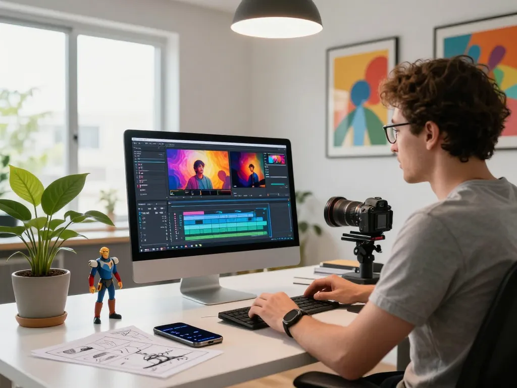 Creator using video to prompt ai tools in a vibrant digital workspace to generate video prompts.
