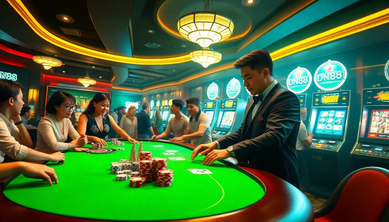 Engaging gameplay at DN88 trang chủ, showcasing players enjoying a casino atmosphere with poker chips and cards.