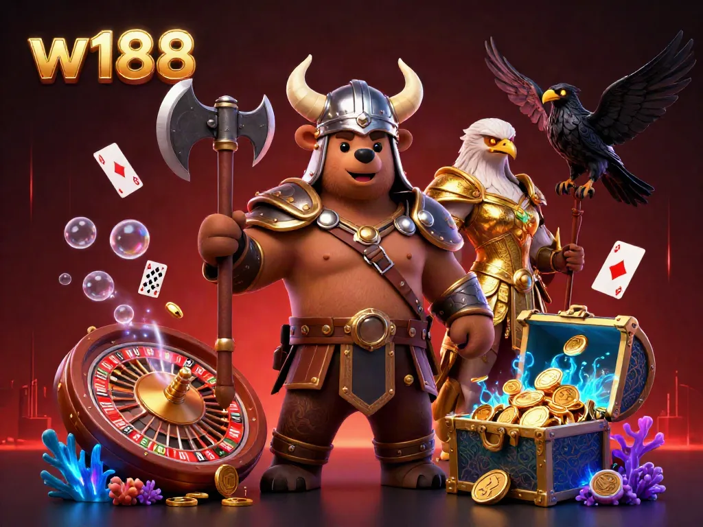 w188 gaming scene with a Viking bear, Valkyrie eagle, and casino elements showcasing action and excitement.