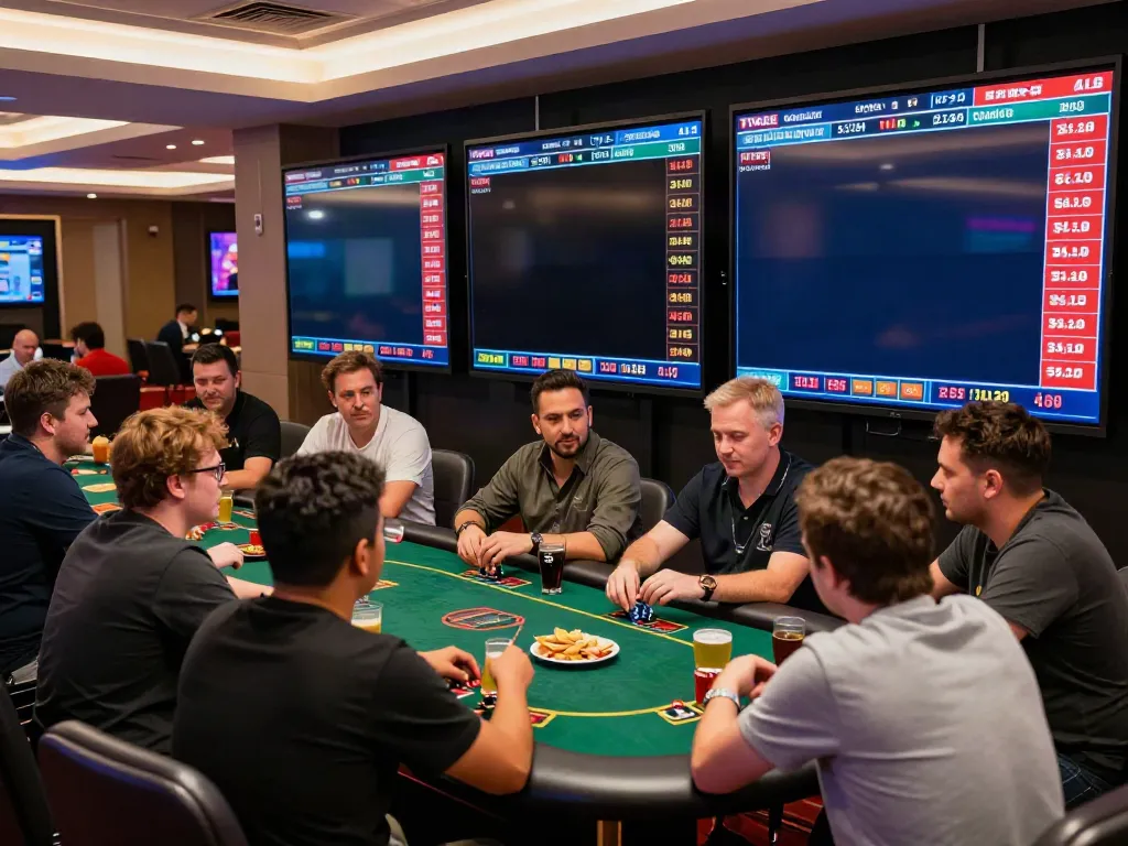 Engaged players at TX88 sports betting table, surrounded by vibrant screens and drinks.