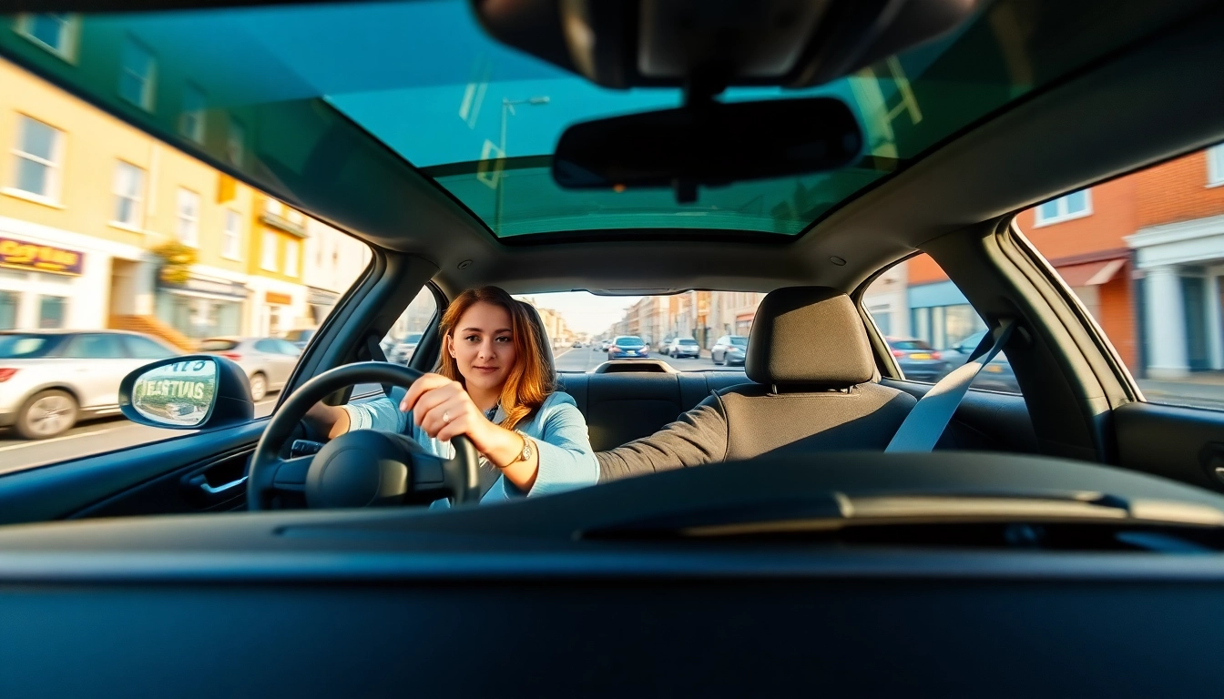Engaged student learning in an intensive driving course Portsmouth, focused while driving in a modern setting.