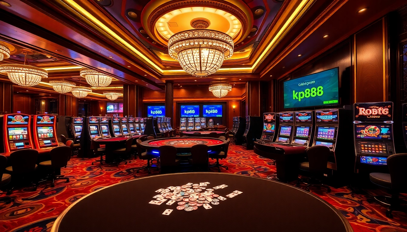 Experience the excitement of kp88 com with vibrant casino visuals showcasing luxurious tables and slot machines.