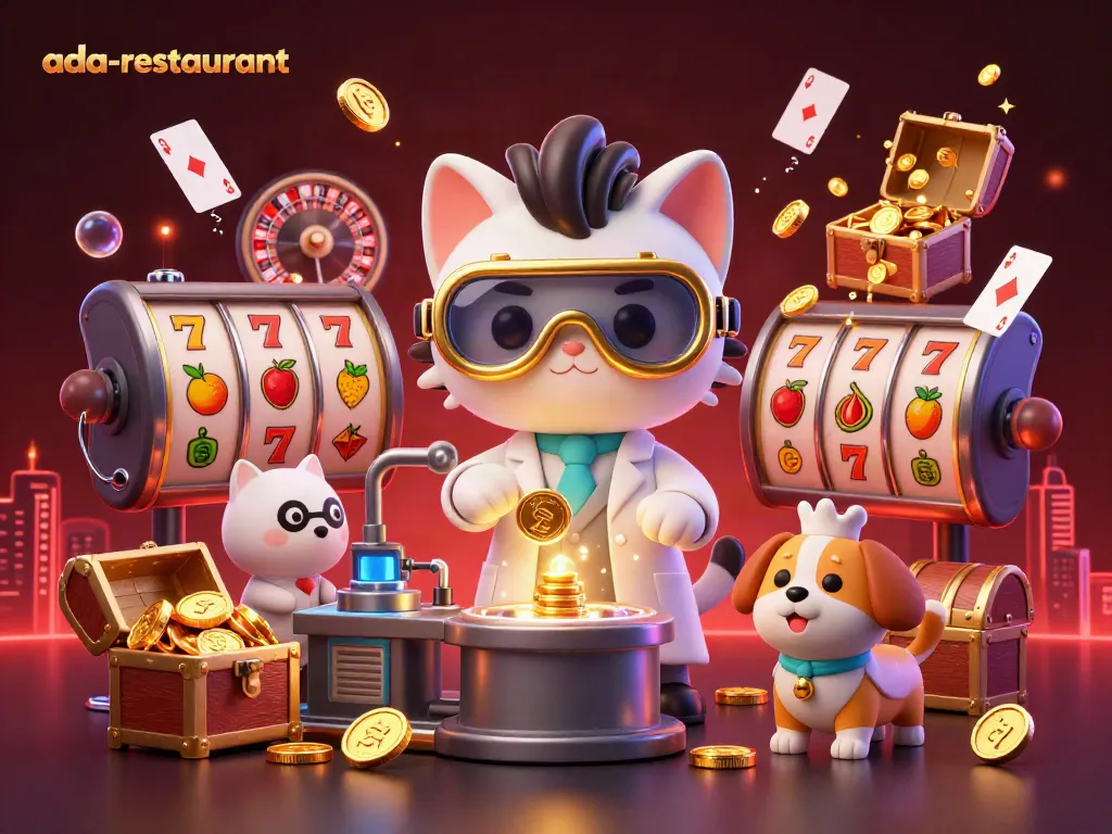Experience thrilling moments at ada-restaurant with golden slot reels and vibrant casino elements.